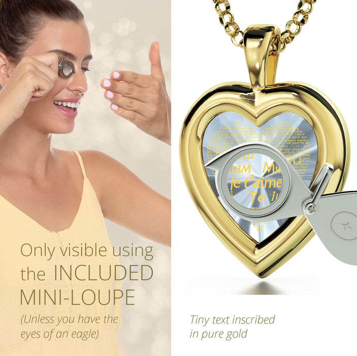 Gold Plated Silver Heart Pendant I Love You Necklace 120 Languages 24k Gold Inscribed